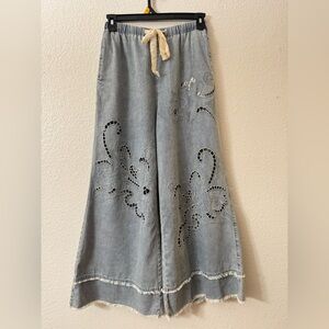 POL Light-Blue Wide Leg Laser-Cut Denim Jeans with Drawstring